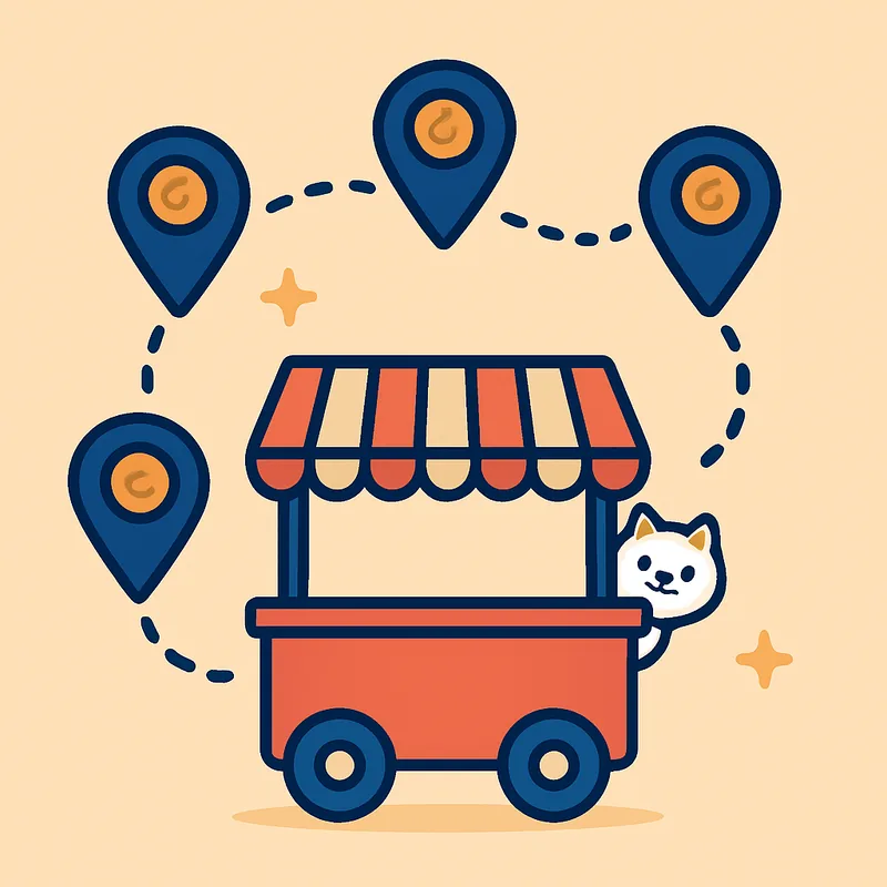 illustration of the doky dory cart and four location pins