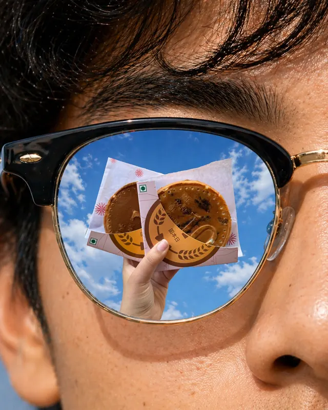 two cheese coins reflected in sunglasses